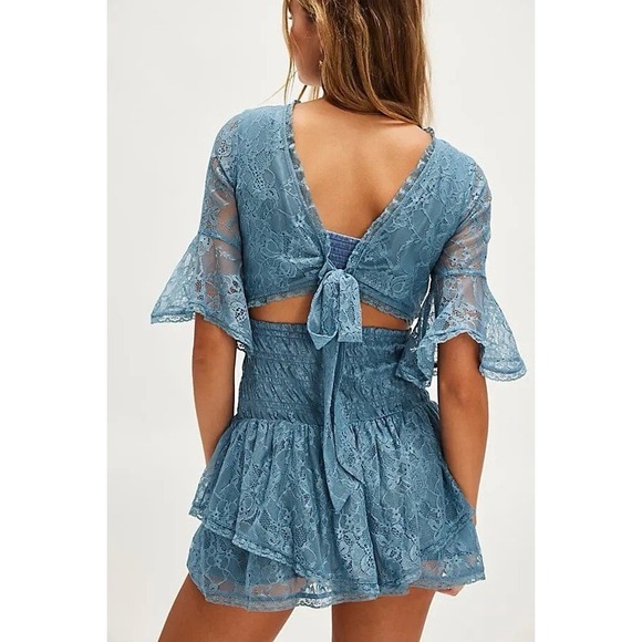 NWOT Free People Reversible Lace Mini Dress Blue Bell Sleeve Medium - Picture 4 of 8